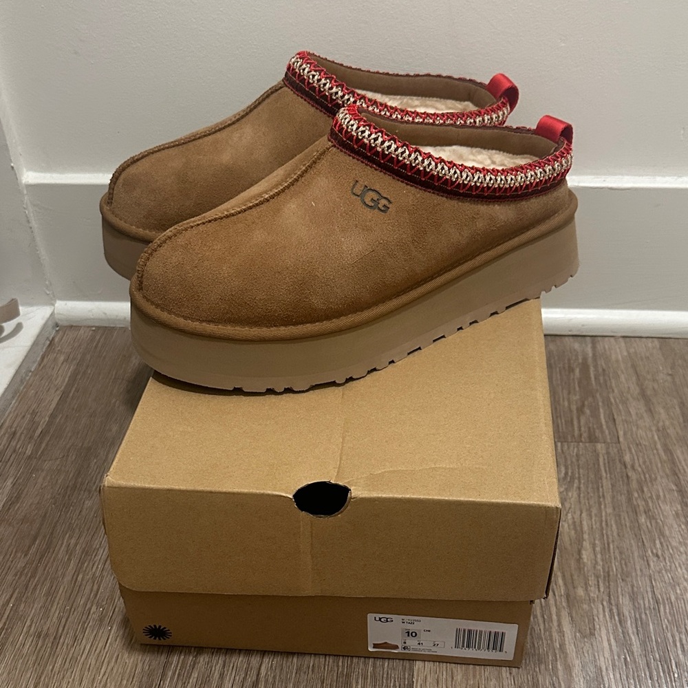 UGG Tan Suede Slip-On Shoes with Red Accent “TAZZ”